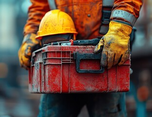 Construction Worker Holding a Tool Box