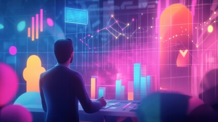 Canvas Print - Businessman analyzing financial data on holographic display