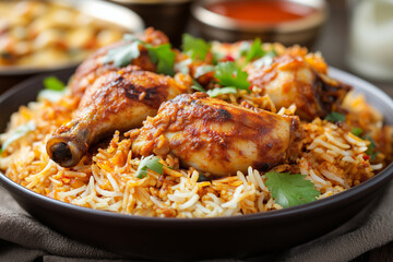 Delicious chicken biryani served in a bowl, garnished with fresh herbs and accompanied by vibrant side dishes