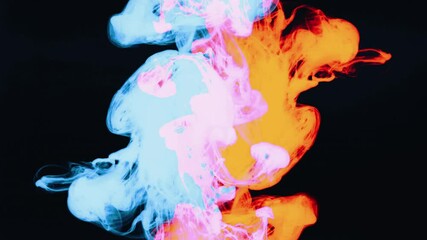 Wall Mural - red luminous particles shimmer in blue liquid. Wavelike motion of flying dust glitter particles on a blue background. Abstract moving 4K background. Glowing magic fantasy galax