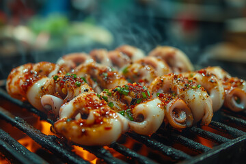 Delicious squid grilling over an open flame at a bustling night market