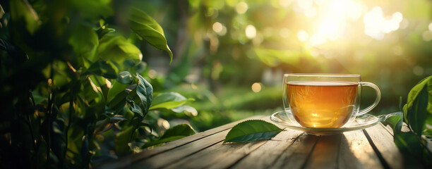 tea in a cup on a wooden table against the background of a tea plantation Generative AI