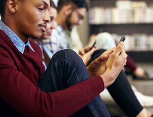Poster - Phone, man or students with technology on floor for social media, learning or study break. University, relax or people texting on mobile app for reading news for online registration at college campus
