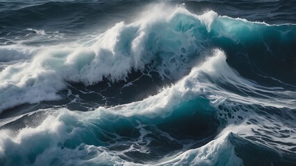 a landscape image of the raging blue tide waves flowing over the ocean, blue nature background
