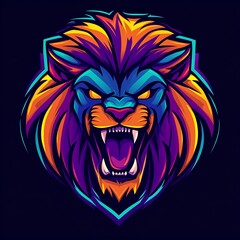 Wall Mural - Neon Lion Head Mascot Design, Colorful and Aggressive