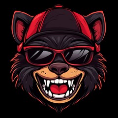 Sticker - Cool black panther wearing sunglasses and a red cap, mascot illustration