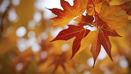 Landscape image of yellow and orange autumn tree leaves on tree branch with autumn blur background

