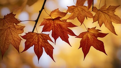 Landscape image of yellow and orange autumn tree leaves on tree branch with autumn blur background

