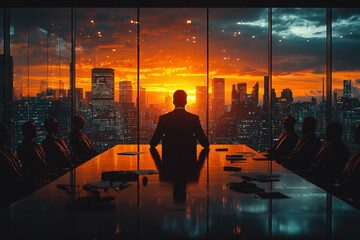 An entrepreneur presenting a business pitch to a group of investors in a sleek conference room. Concept of business innovation and presentations.