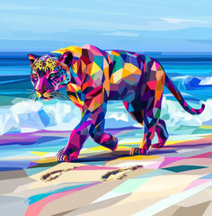 Colorful geometric panther strolling by the ocean, leaving footprints in the sand