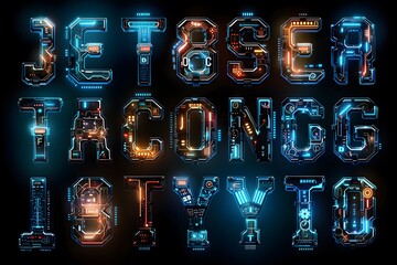 Futuristic Neon Alphabet with Circuitry Design