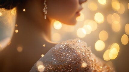 Canvas Print - A Close-up of a Woman's Shoulder in a Sparkling Gown with Golden Bokeh