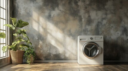 Wall Mural - A bright laundry room featuring a modern washing machine beside a lush green plant in natural light