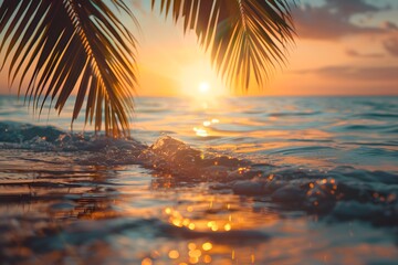 Canvas Print - Serene Sunset Over Tranquil Ocean Waves Framed by Lush Palm Leaves