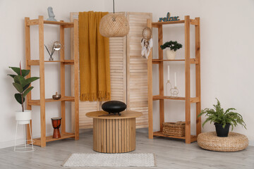 Poster - Interior of room with shelf units and glucophone on table