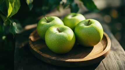 Wall Mural - Green Apples on Wooden Plate