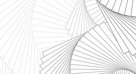 Abstract thin black concentrical spiral geometric shapes, swirl fractal, a pattern of black outline shapes. Futuristic illustration of stairs, steps scaling up vector lines as a background wallpaper
