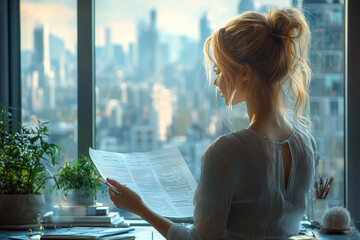 Poster - A focused businesswoman reviewing documents at her desk in a modern office, with a view of the city skyline through the window.