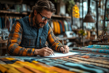 Sticker - A designer sketching out a new fashion collection in their studio, surrounded by fabric swatches and design tools. Concept of fashion design and creativity.