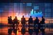 © JK_kyoto - Silhouetted business team meeting at sunset, observing financial growth charts through large windows in a modern office environment.