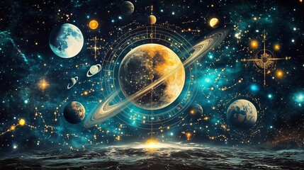 Wall Mural - a vibrant cosmic landscape featuring planets, stars, and swirling galaxies illuminating the vast exp