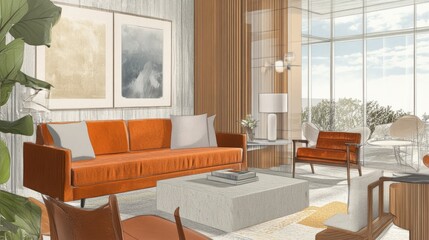 Canvas Print - Modern Living Room Interior Design Sketch with Orange Sofa and Large Windows