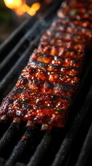 Wall Mural - mouthwatering barbecue closeup of succulent ribs sizzling in smoker perfectly charred exterior wisps of aromatic smoke rich glossy sauce glistening on meat