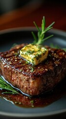 Wall Mural - mouthwatering closeup of a perfectly seared wagyu steak with herb butter melting on top garnished with fresh rosemary sprigs