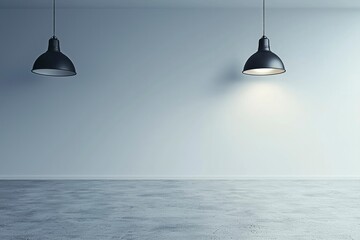 Poster - Two Black Pendant Lights Hanging from a White Ceiling Over a Concrete Floor