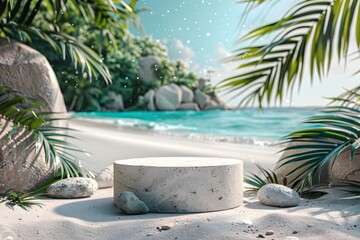 Wall Mural - Serene Beach Scene with a Stone Platform Surrounded by Lush Greenery and Gentle Waves