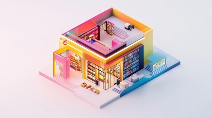 Canvas Print - Isometric View of a Colorful Convenience Store with Shelves and Products