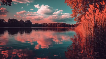 Wall Mural - Sunset Reflected in Still Water with Trees and Grass