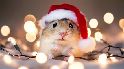 Adorable brown hamster wearing a festive red Santa hat surrounded by sparkling twinkle lights on soft white background.