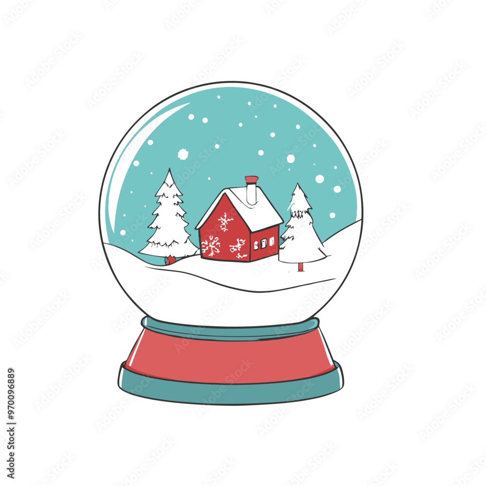 Charming snow globe featuring a winter scene with a red house and pine ...