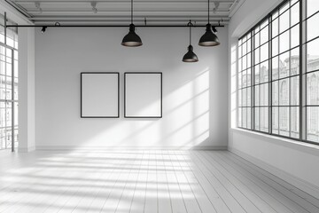 Poster - Modern Loft Interior with Black Ceiling Lights and White Walls