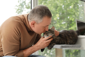 Wall Mural - Mature man kissing cute cat on scratching post at home