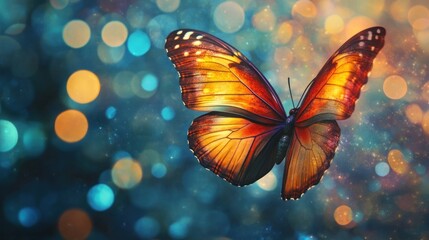 Sticker - A Vibrant Butterfly with Orange and Red Wings Against a Blue and Gold Bokeh Background