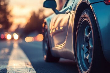 Poster - Silver car parked with light on the road