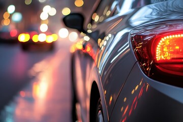 Poster - Silver car s side and road light close up