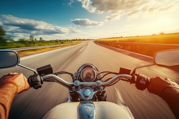 Single motorcyclist on highway Outdoor photography capturing travel and speed Freedom and sport theme