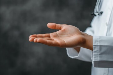 Wall Mural - Doctor Demonstrating Medical Product with Hand, Isolated on Grey Background, Professional Photo