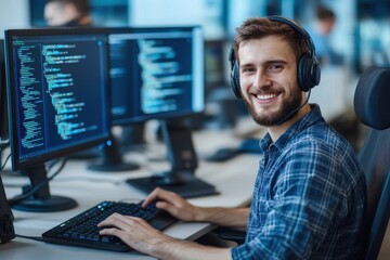 Smiling male programmer in headphones at computer developing app listening to podcast