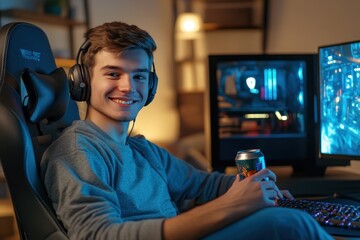 Smiling professional cyber sportsman in gamer s room with equipment holding energy drink and wearing headphones