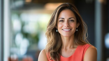 Poster - Portrait of a Smiling Woman with Long Brown Hair