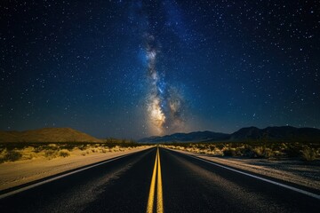 Starry night sky with milky way over desert highway