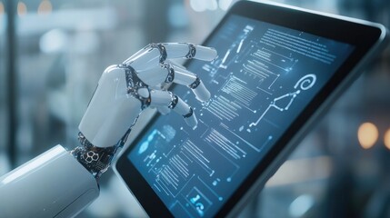 Robotic hand interacting with digital tablet interface.
