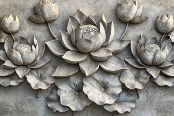 In the set, three stucco paintings are attached to a concrete wall, with pewter leaf elements and a single freesia in bloom.