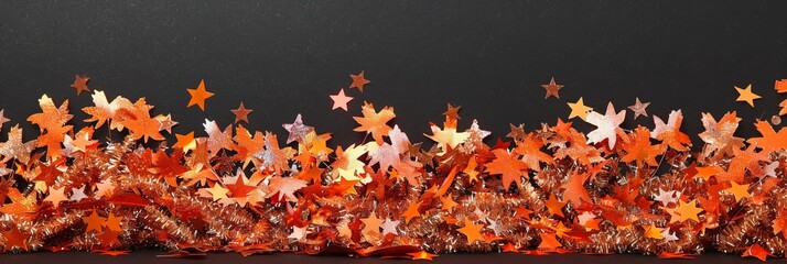 Sparkling Orange Autumn Leaves and Tinsel Garland on Black Background, Top View, Copy space.