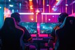 © LimeSky - Two pro gaming esport teams compete in online streaming tournament for championship in stylish neon cyber games arena with center trophy
