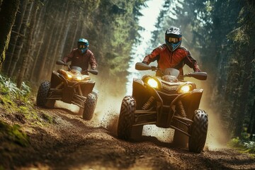 Wall Mural - Two riders on ATVs racing at high speed through a forest seen from the front